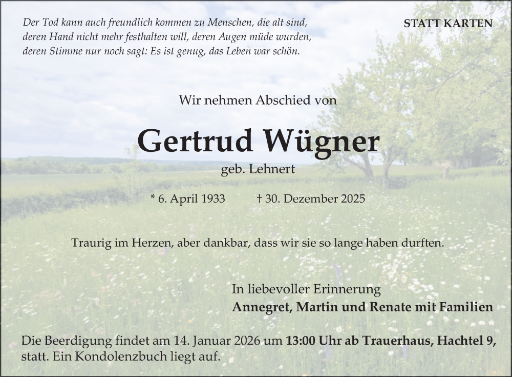  Traueranzeige für Gertrud Wügner vom 10.01.2026 aus Fränkische Nachrichten