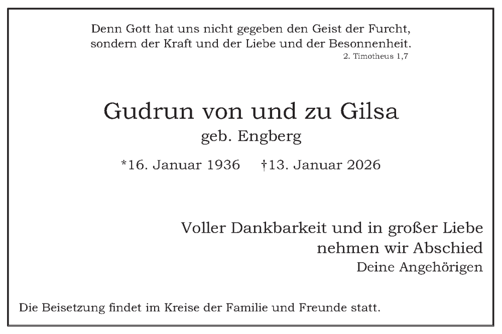 Traueranzeige für Gudrun von und zu Gilsa vom 17.01.2026 aus Mannheimer Morgen