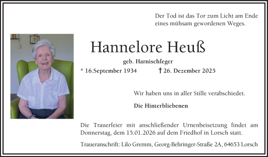 Traueranzeige von Hannelore Heuß von Bergsträßer Anzeiger