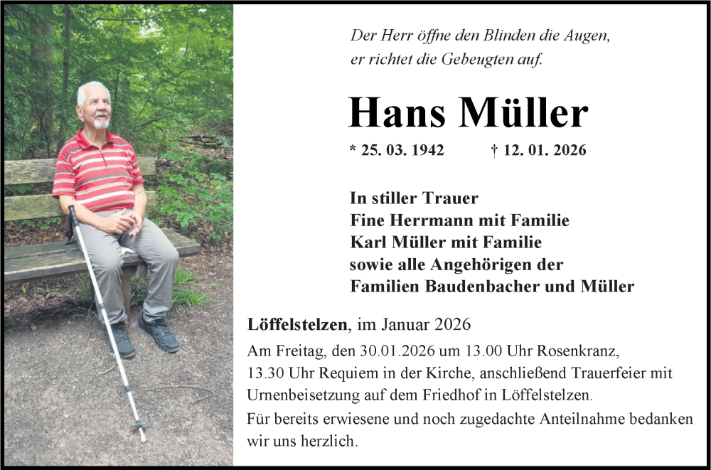  Traueranzeige für Hans Müller vom 28.01.2026 aus Fränkische Nachrichten