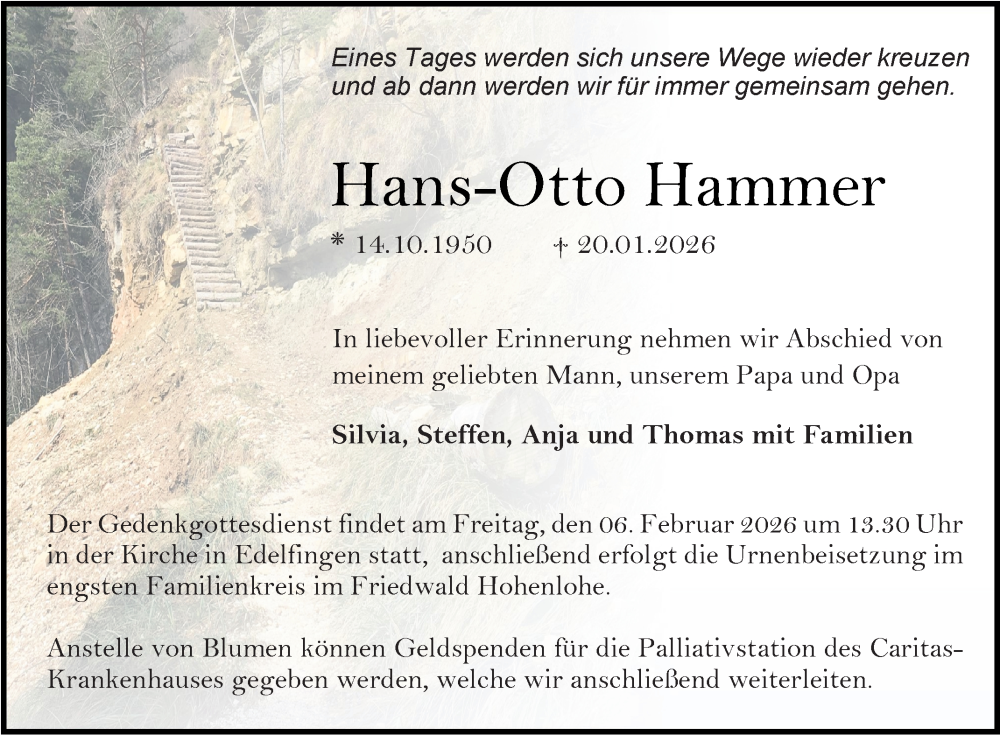  Traueranzeige für Hans-Otto Hammer vom 31.01.2026 aus Fränkische Nachrichten