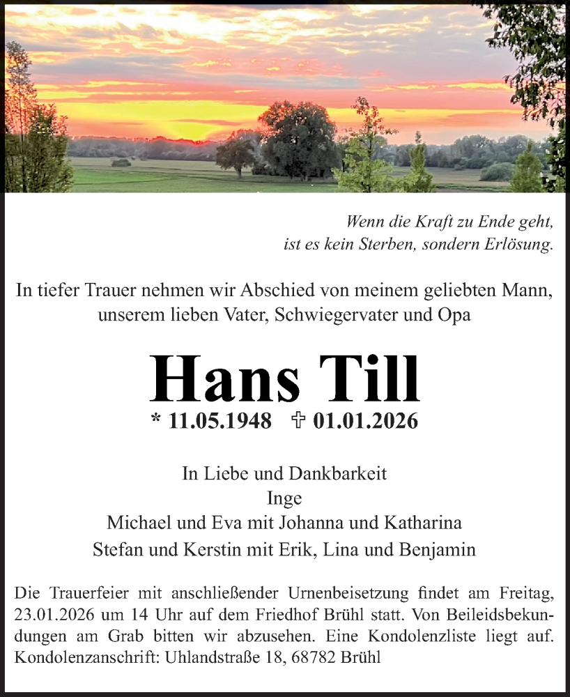  Traueranzeige für Hans Till vom 12.01.2026 aus 
