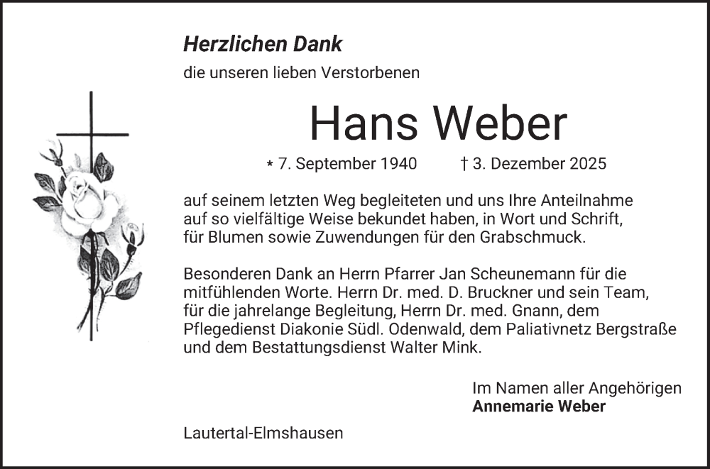  Traueranzeige für Hans Weber vom 10.01.2026 aus Bergsträßer Anzeiger