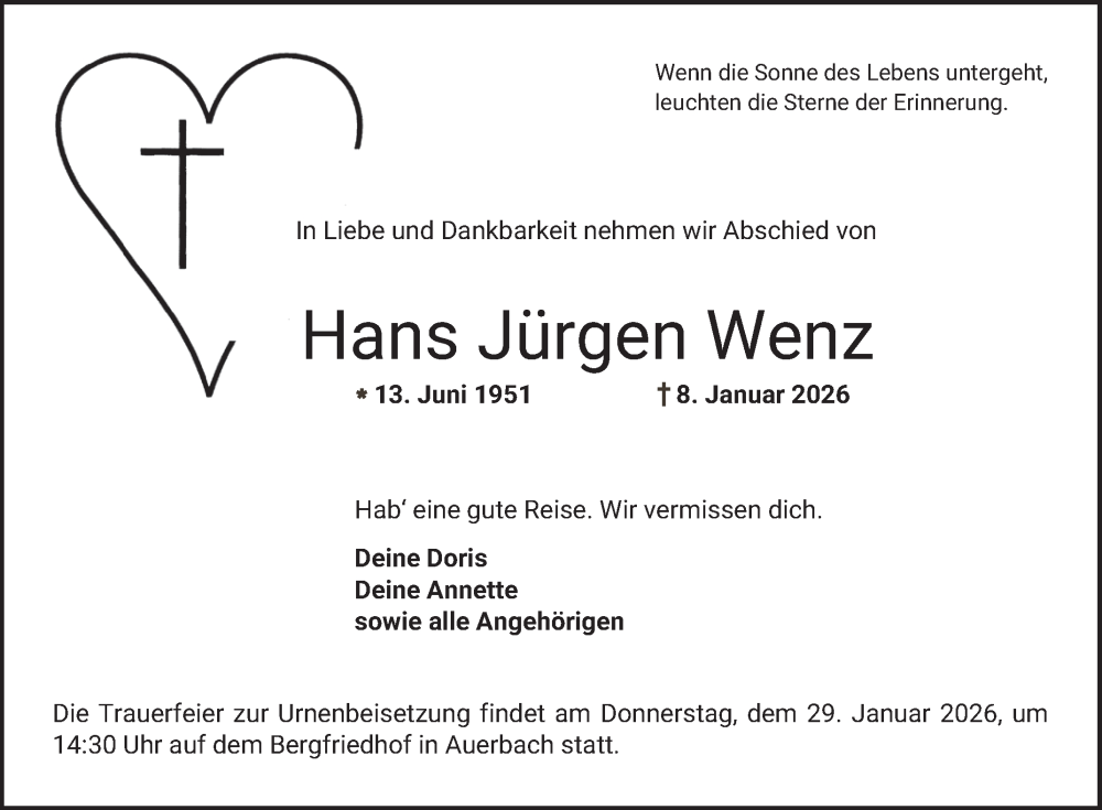  Traueranzeige für Hans Jürgen Wenz vom 24.01.2026 aus Bergsträßer Anzeiger