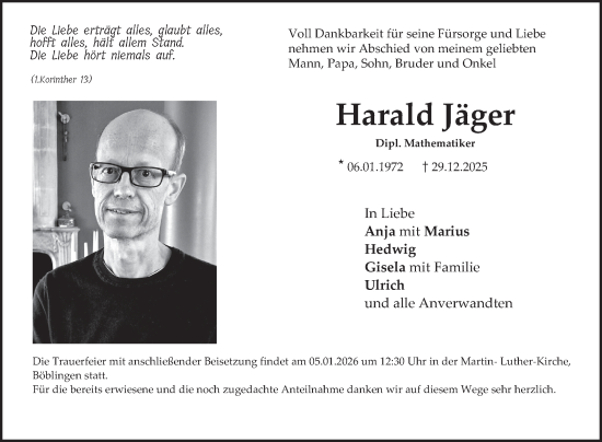 Traueranzeige von Harald Jäger von Fränkische Nachrichten