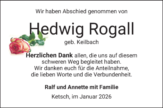 Traueranzeige von Hedwig Rogall von Schwetzinger Zeitung