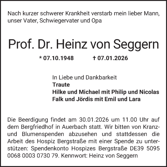 Traueranzeige von Heinz von Seggern von Bergsträßer Anzeiger