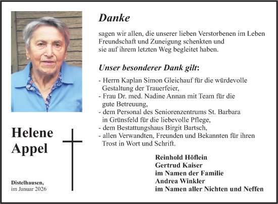 Traueranzeige von Helene Appel von Fränkische Nachrichten