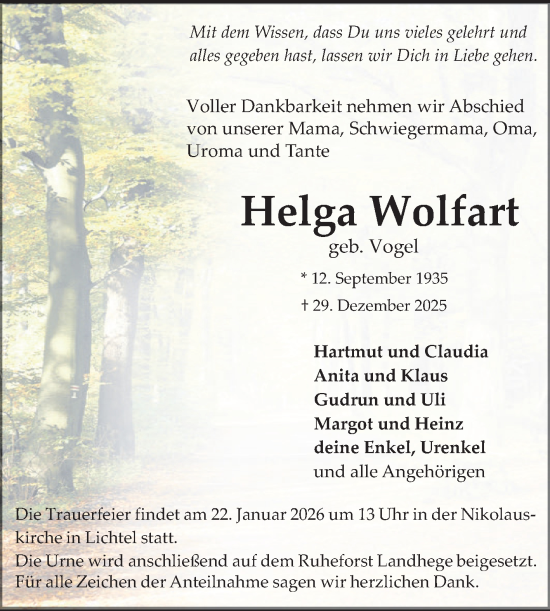 Traueranzeige von Helga Wolfart von Fränkische Nachrichten