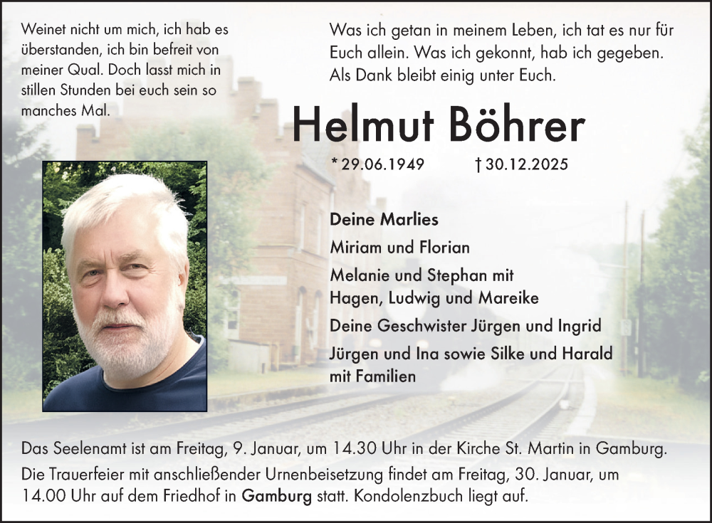  Traueranzeige für Helmut Böhrer vom 07.01.2026 aus Fränkische Nachrichten