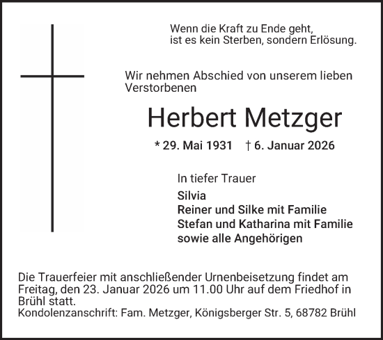 Traueranzeige von Herbert Metzger von Schwetzinger Zeitung