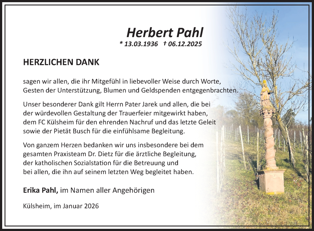  Traueranzeige für Herbert Pahl vom 10.01.2026 aus Fränkische Nachrichten