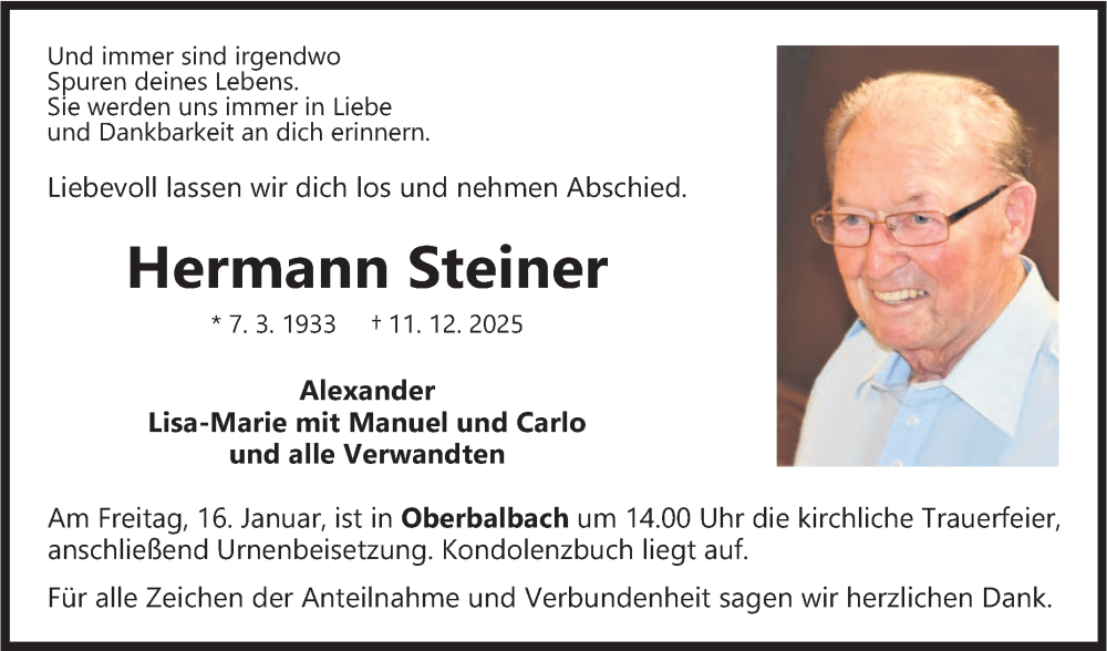  Traueranzeige für Hermann Steiner vom 10.01.2026 aus Fränkische Nachrichten