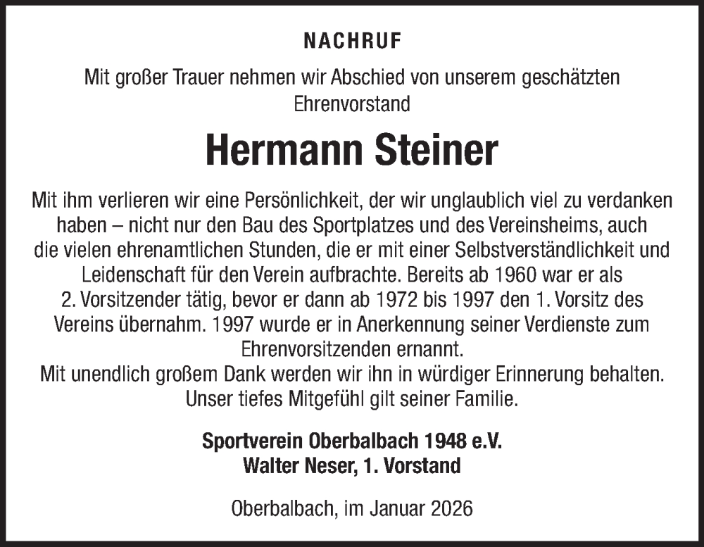  Traueranzeige für Hermann Steiner vom 10.01.2026 aus Fränkische Nachrichten