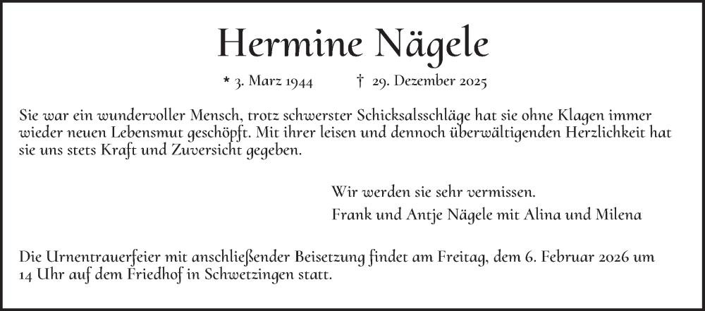  Traueranzeige für Hermine Nägele vom 30.01.2026 aus Schwetzinger Zeitung
