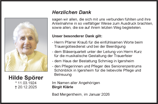 Traueranzeige von Hilde Spörer von Fränkische Nachrichten