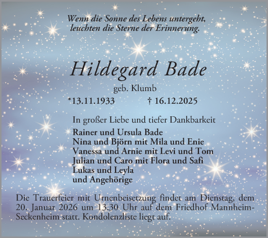 Traueranzeige von Hildegard Bade von Mannheimer Morgen
