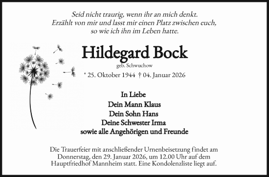 Traueranzeige von Hildegard Bock von Mannheimer Morgen