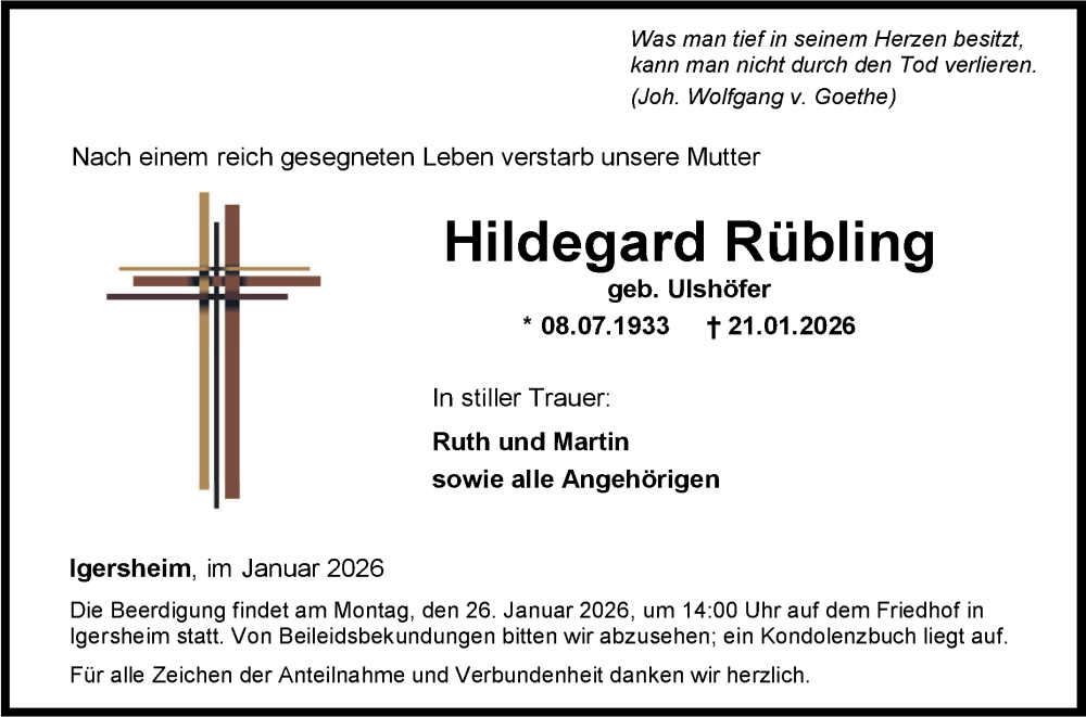  Traueranzeige für Hildegard Rübling vom 23.01.2026 aus Fränkische Nachrichten