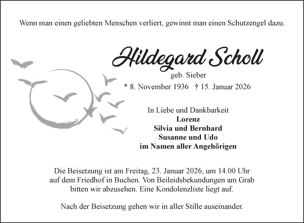  Traueranzeige für Hildegard Scholl vom 21.01.2026 aus Fränkische Nachrichten