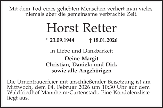 Traueranzeige von Horst Retter von Mannheimer Morgen