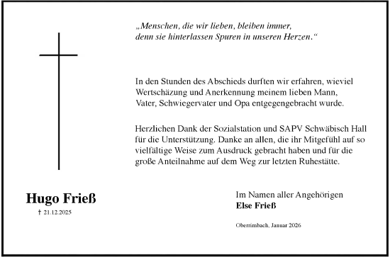 Traueranzeige von Hugo Frieß von Fränkische Nachrichten