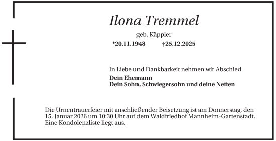 Traueranzeige von Ilona Tremmel von Mannheimer Morgen