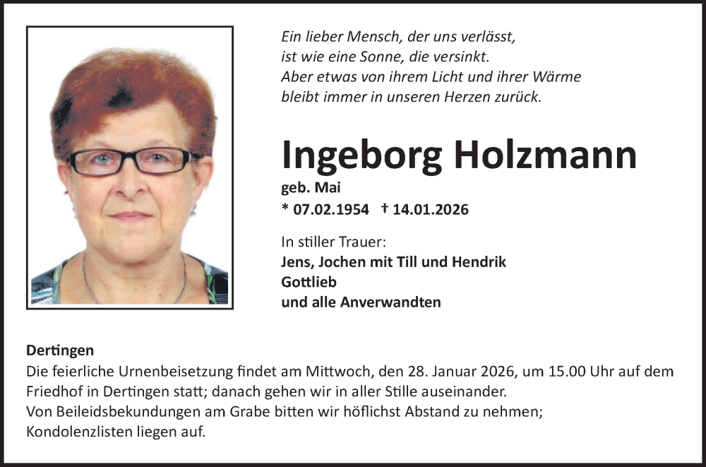  Traueranzeige für Ingeborg Holzmann vom 24.01.2026 aus Fränkische Nachrichten