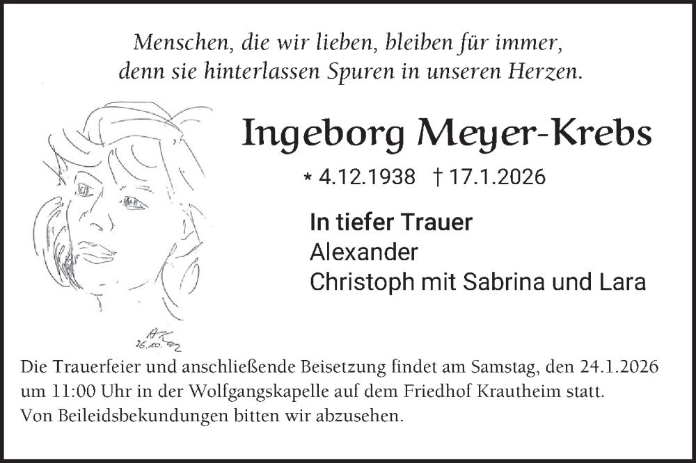  Traueranzeige für Ingeborg Meyer-Krebs vom 22.01.2026 aus Fränkische Nachrichten