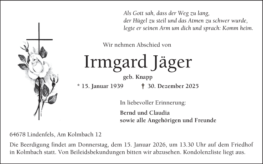  Traueranzeige für Irmgard Jäger vom 10.01.2026 aus Bergsträßer Anzeiger
