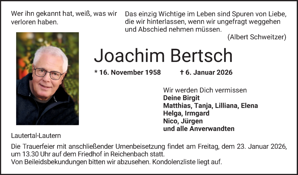  Traueranzeige für Joachim Bertsch vom 17.01.2026 aus Bergsträßer Anzeiger