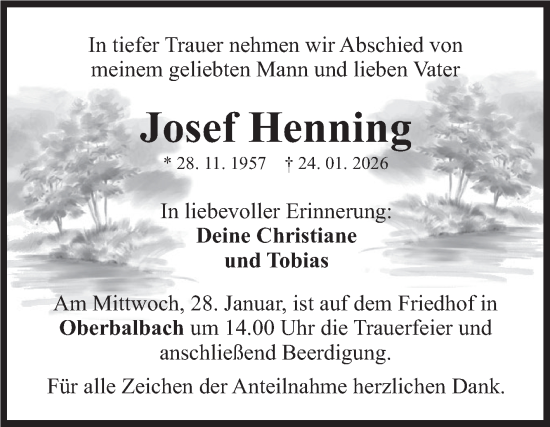 Traueranzeige von Josef Henning von Fränkische Nachrichten