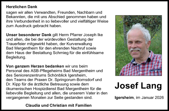 Traueranzeige von Josef Lang von Fränkische Nachrichten