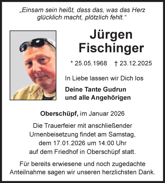 Traueranzeige von Jürgen Fischinger von Fränkische Nachrichten