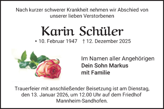 Traueranzeige von Karin Schüler von Mannheimer Morgen