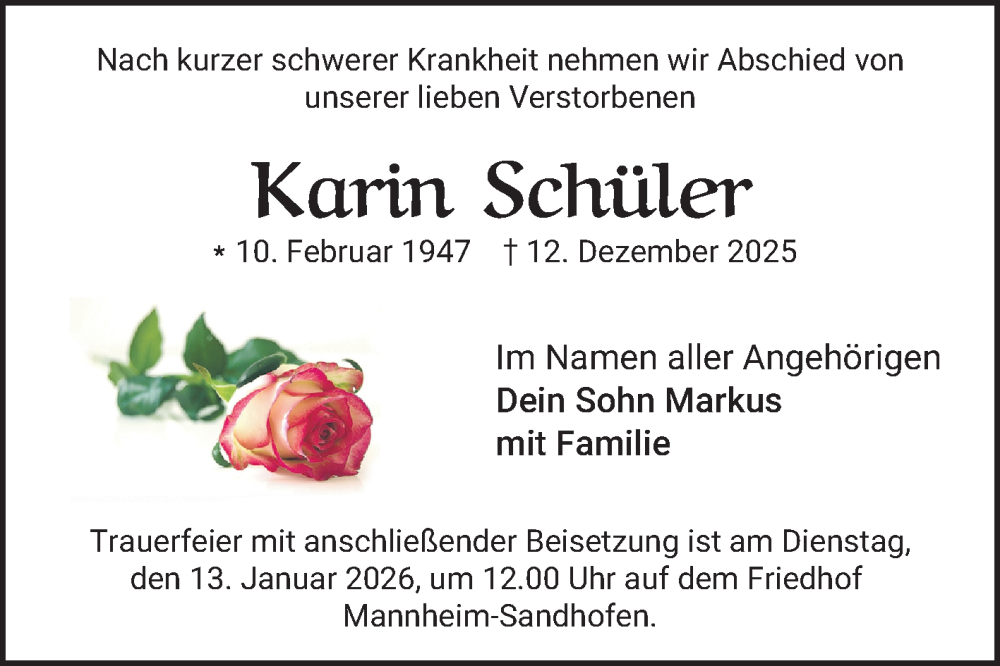 Traueranzeige für Karin Schüler vom 10.01.2026 aus Mannheimer Morgen