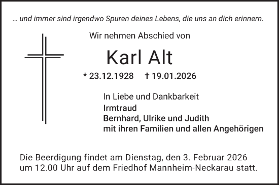 Traueranzeige von Karl Alt von Mannheimer Morgen