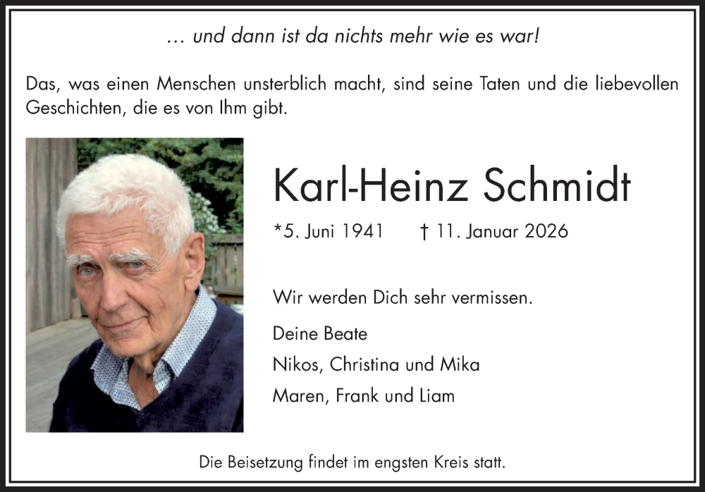  Traueranzeige für Karl-Heinz Schmidt vom 17.01.2026 aus Fränkische Nachrichten
