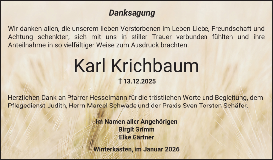 Traueranzeige von Karl Krichbaum von Bergsträßer Anzeiger