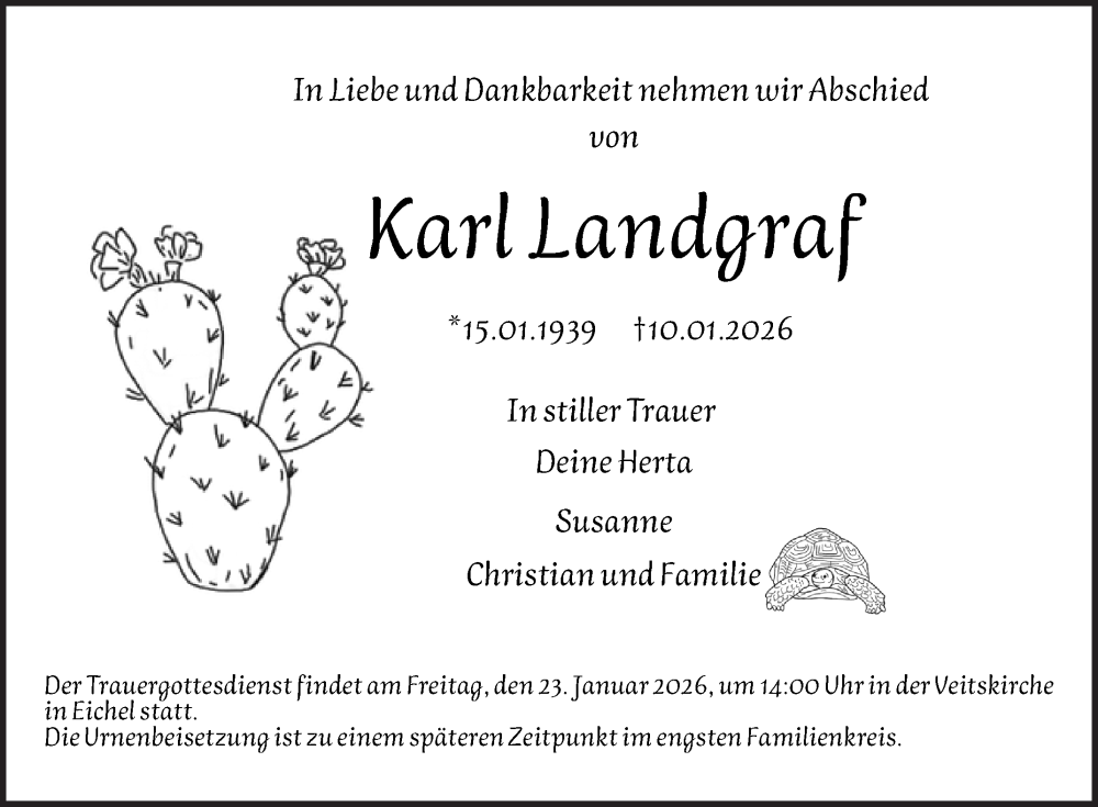  Traueranzeige für Karl Landgraf vom 17.01.2026 aus Fränkische Nachrichten