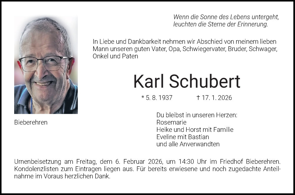  Traueranzeige für Karl Schubert vom 31.01.2026 aus Fränkische Nachrichten