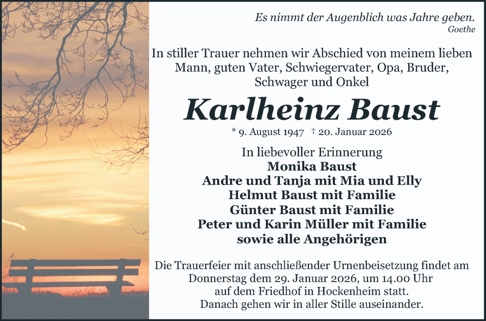 Traueranzeige für Karlheinz Baust vom 24.01.2026 aus Schwetzinger Zeitung