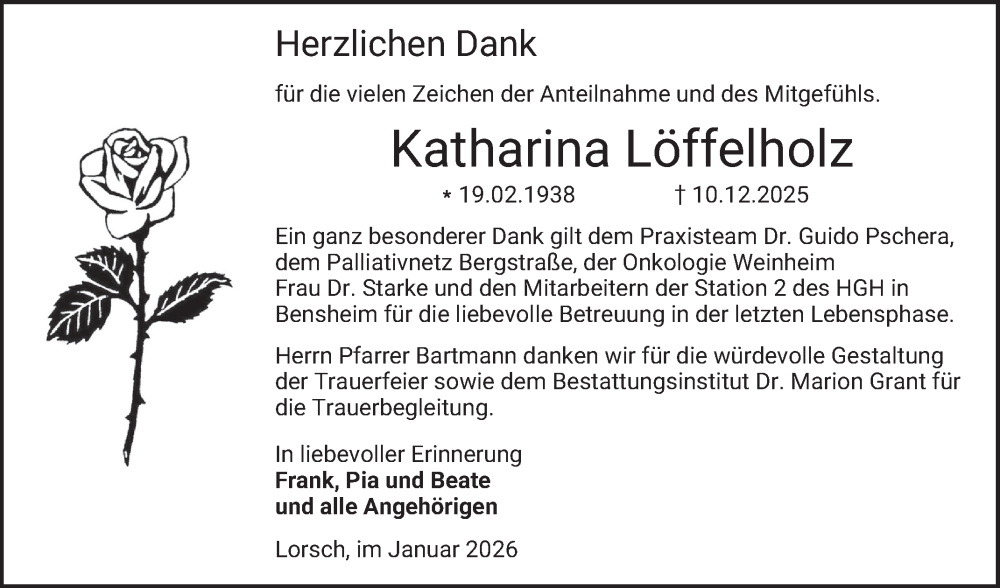  Traueranzeige für Katharina Löffelholz vom 17.01.2026 aus Bergsträßer Anzeiger