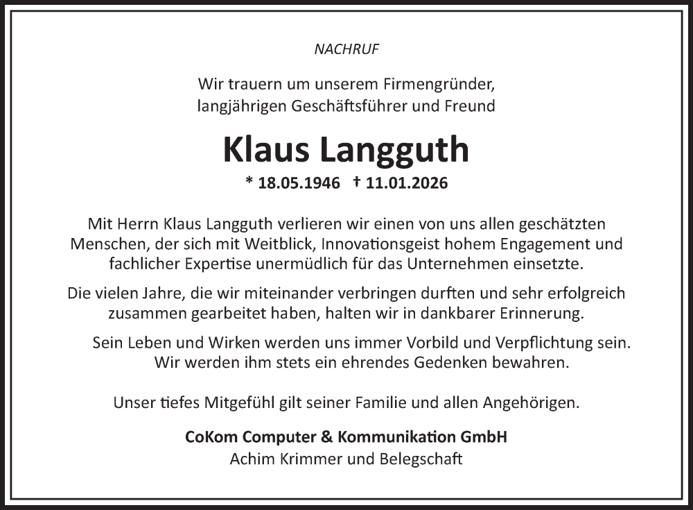  Traueranzeige für Klaus Langguth vom 17.01.2026 aus Fränkische Nachrichten