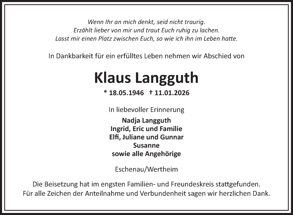  Traueranzeige für Klaus Langguth vom 17.01.2026 aus Fränkische Nachrichten