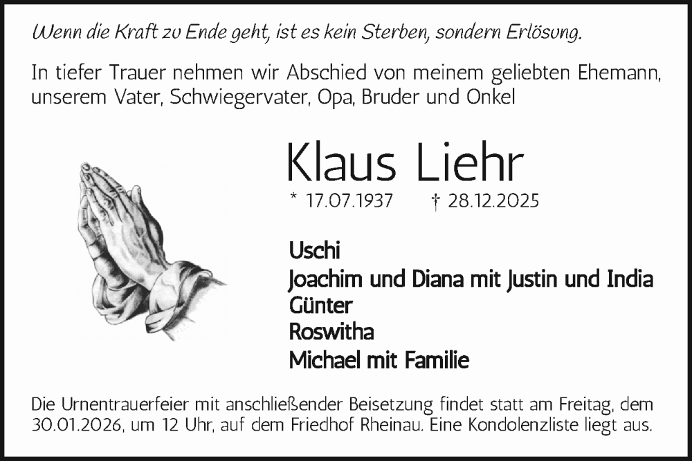  Traueranzeige für Klaus Liehr vom 17.01.2026 aus Mannheimer Morgen