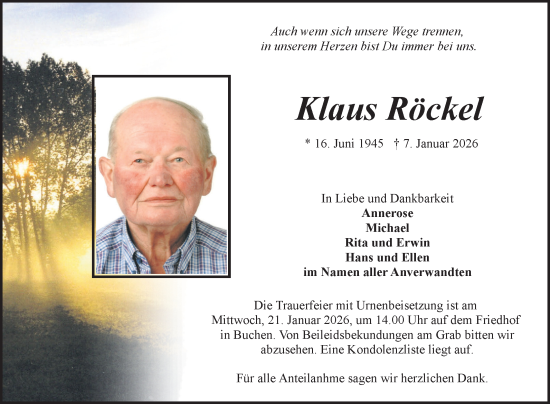 Traueranzeige von Klaus Röckel von Fränkische Nachrichten
