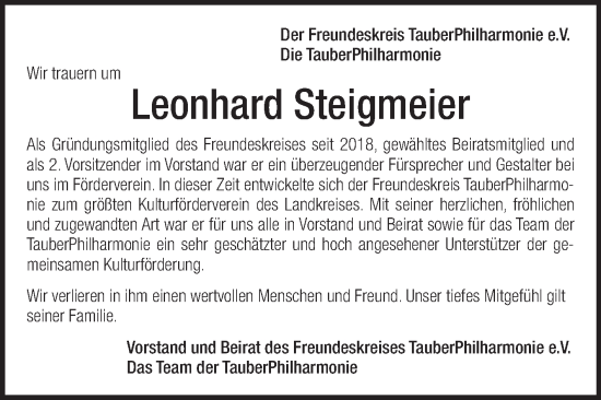 Traueranzeige von Leonhard Steigmeier von Fränkische Nachrichten