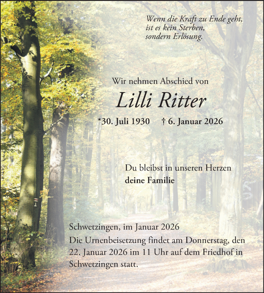  Traueranzeige für Lilli Ritter vom 17.01.2026 aus Schwetzinger Zeitung