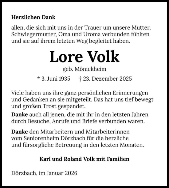 Traueranzeige von Lore Volk von Fränkische Nachrichten